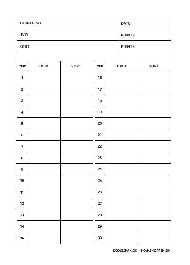 Noteringsblok fra Dansk Skoleskak og skakshoppen.dk med plads til at notere 30 skaktræk på forsiden for begge skakspillere
