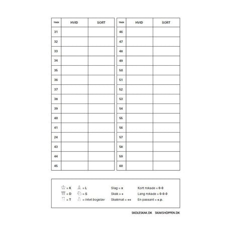 Baksidan av en schackprotokoll från Dansk Skoleskak som kan köpas på schackshoppen.se