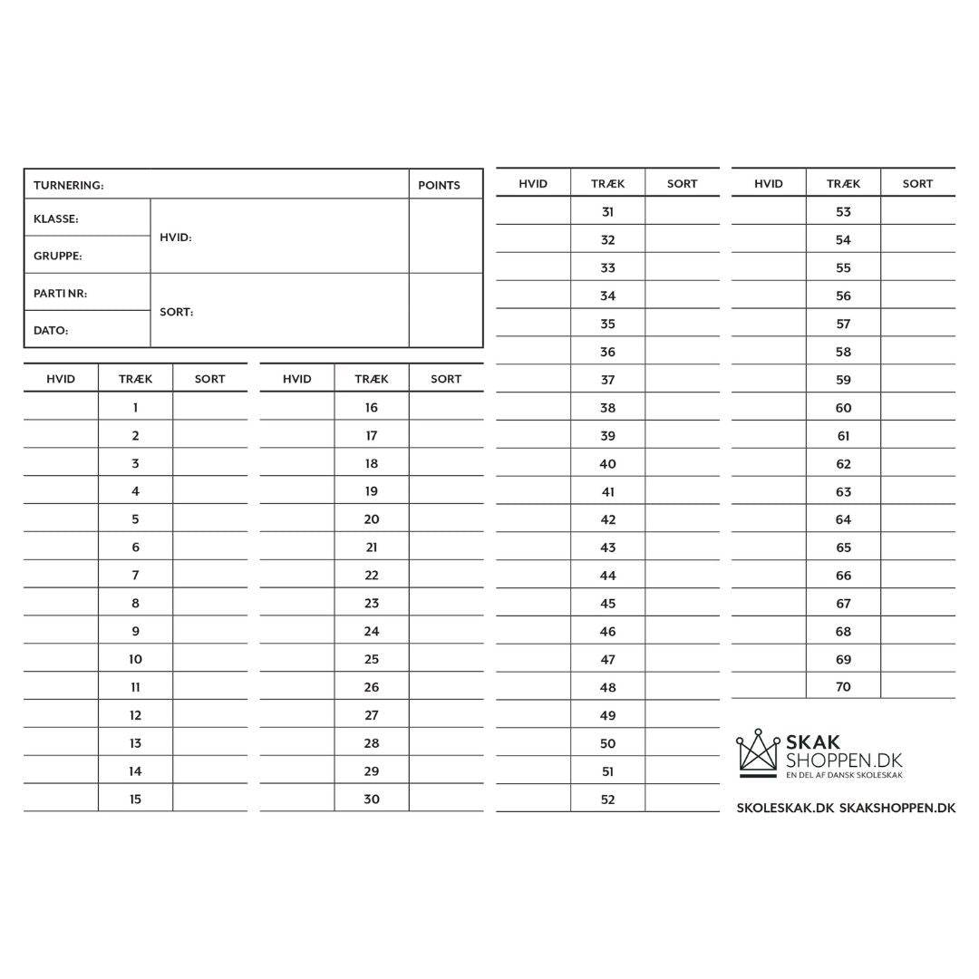 Dubbla schackprotokoll med plats för upp till 70 drag med schackbutiken och Dansk Skoleskaks logotyp i nedre högra hörnet