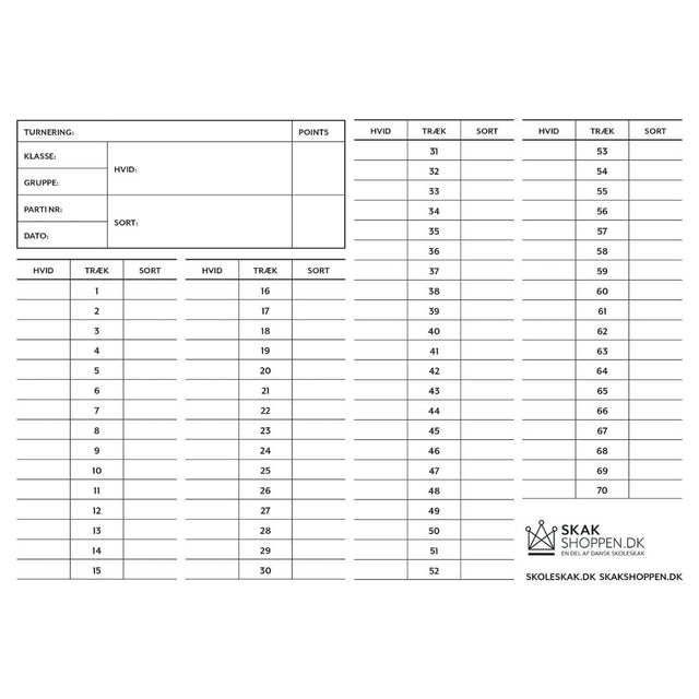 Dubbla schackprotokoll med plats för upp till 70 drag med schackbutiken och Dansk Skoleskaks logotyp i nedre högra hörnet
