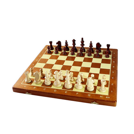 Hopfällbart schackspel i trä med notation och attraktiva schackpjäser som kan förvaras inuti schackspelet