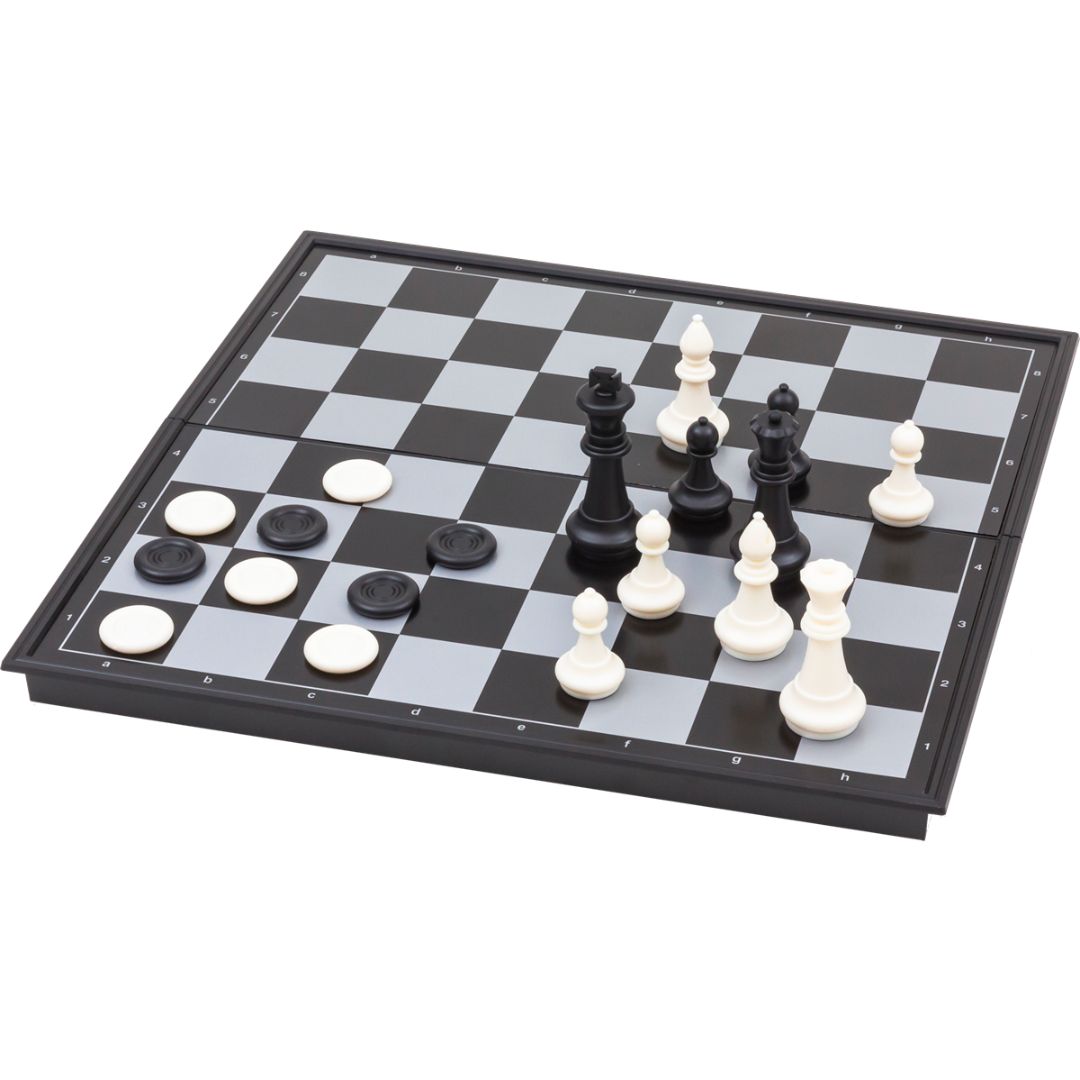 Praktisk och stort magnetiskt reseschackspel som kan fällas ihop och även användas som damspel. Perfekt som reseschackspel.