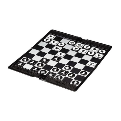 Reseskakspel i plast som kan vikas ihop och får plats i en ficka med platta schackpjäser som kan användas på tåget, flyget eller bussen.