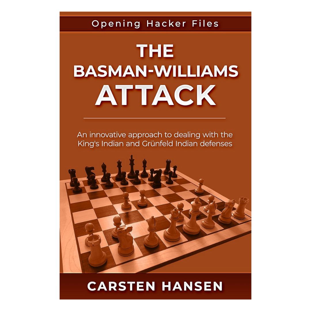 Framsidan av en bok om Basman-Williams-angreppet med vitens tidiga flankskjut mot kungindiskt och Grünfeld.