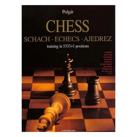 En stor schackbok med många schackproblem skriven av Laszlo Polgar.