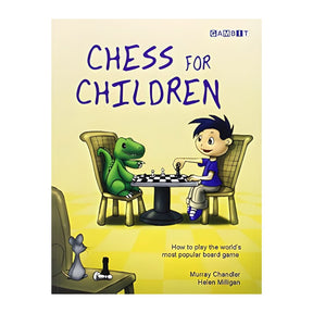 En schackbok för barn med illustrationer i klara färger av en pojke och en dinosaurie som spelar schack