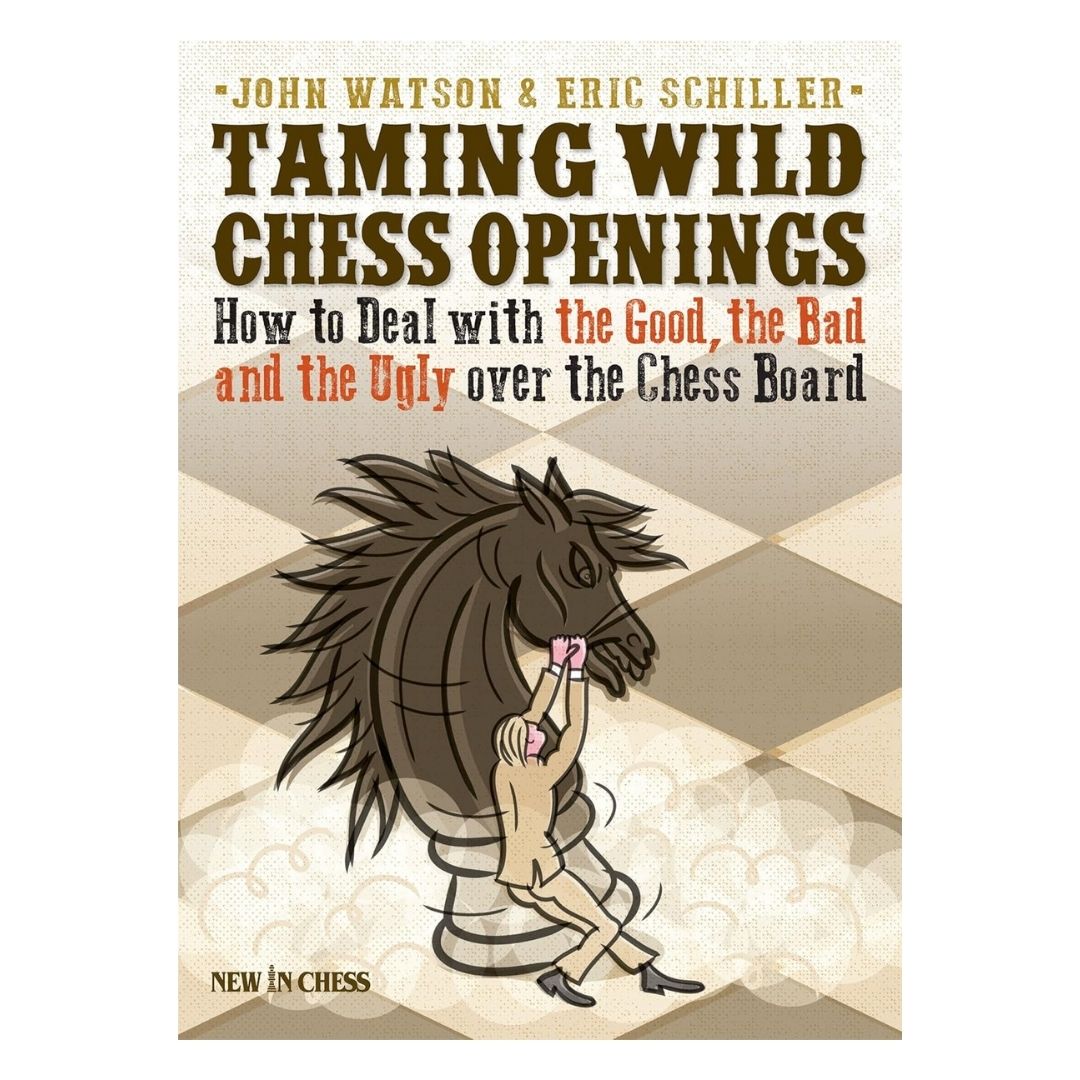 Omslag till schackboken taming wild chess openings med en blond man i beige kostym som försöker tämja en vild springare utgiven av new in chess