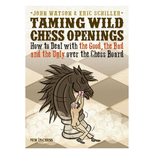 Omslag till schackboken taming wild chess openings med en blond man i beige kostym som försöker tämja en vild springare utgiven av new in chess