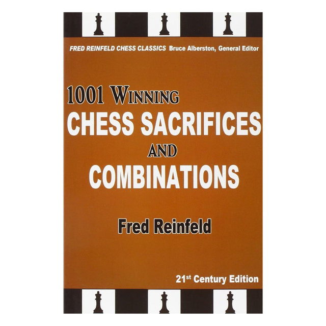 Omslag till ”1001 Winning Chess Sacrifices and Combinations” av Fred Reinfeld - en guide till taktiska schackmönster.