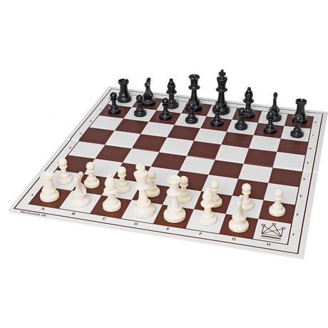 Skolornas favorit schackspel med schackbräde i plast och dansk skolschacklogotyp på h1-fältet och staunton schackpjäser i svartvitt