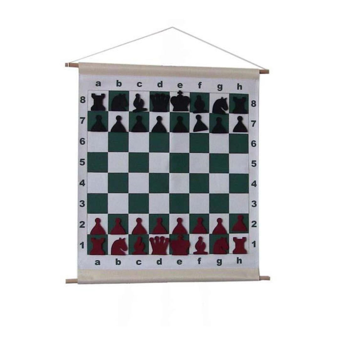 Demonstrationsbräda i vinyl som kan hängas upp så att man kan undervisa utifrån den i sin schackklubb eller för skolschack.