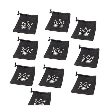 10 schackpåsar i kraftig bomull med den danska Skokeskak-logotypen tryckt på och ett smart lås för att hålla påsen stängd