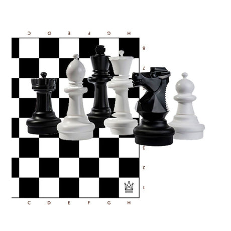 Golvfolie och schackpjäser i mycket stor storlek som kan användas inomhus för att spela schack