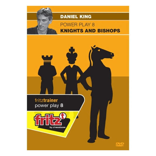 Framsidan av en DVD med titeln Power Play 8 Knight and Bishops som har människor med schackpjäser på huvudet i förgrunden.