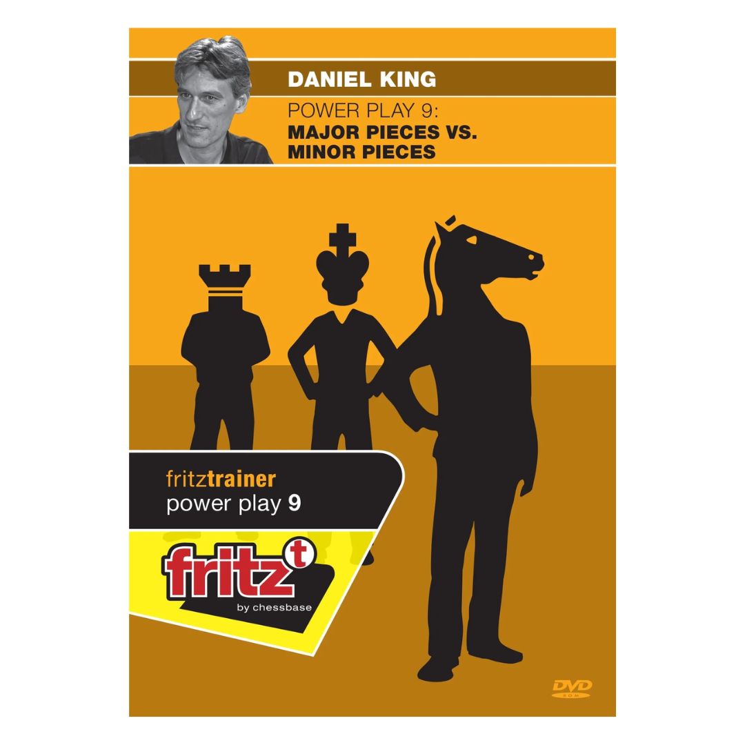 Daniel King i det övre vänstra hörnet på ett orange omslag i Powerplay av Chessbase på DVD med tornet mot löparen och springaren