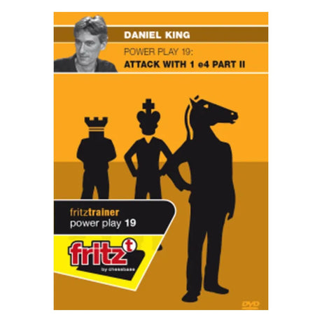 Framsidan av DVD:n Power Play 19 Attack with 1 e4 Part 2 täcker flera varianter av öppningsspelet med de vita pjäserna när man börjar med att spela kungsbonden framåt.