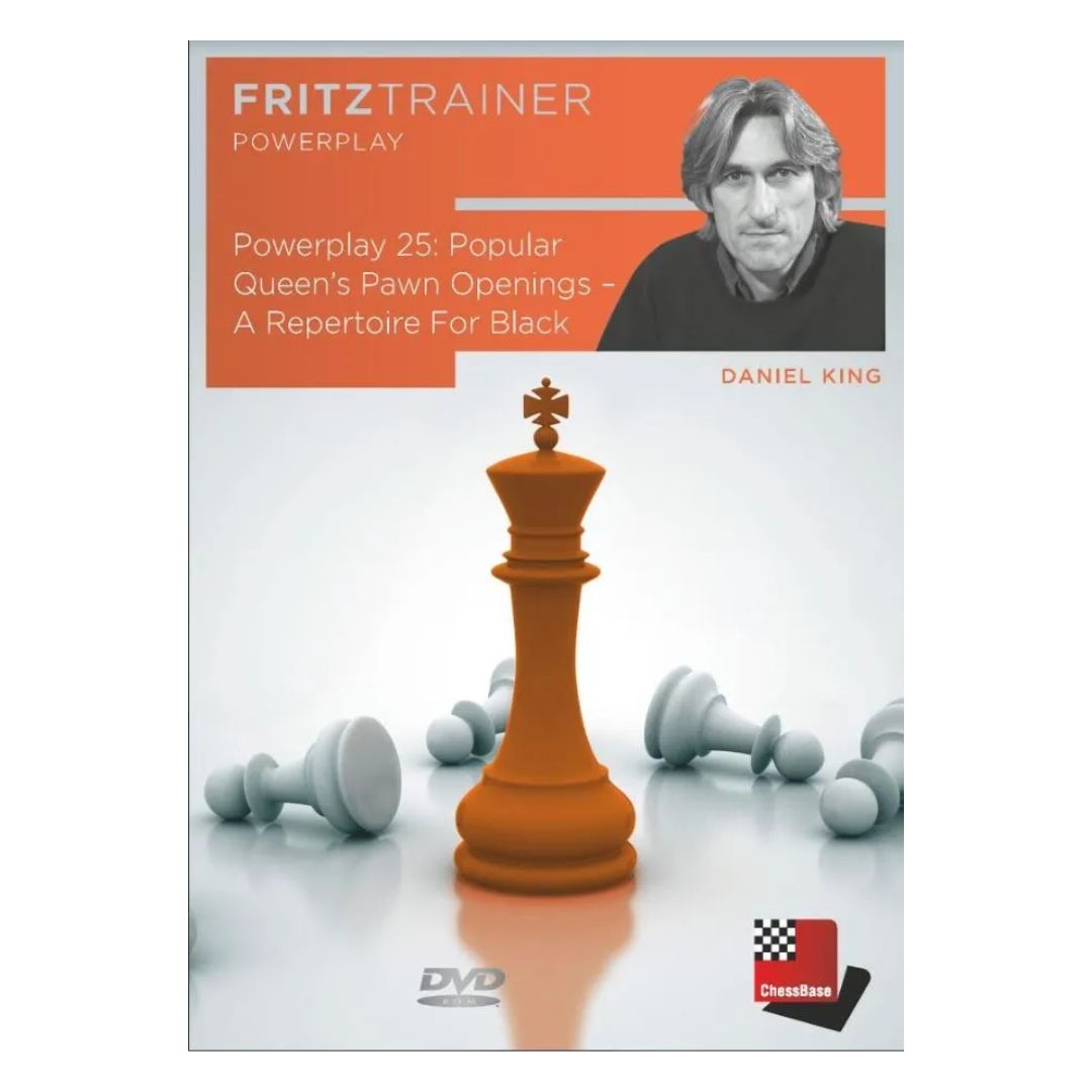 DVD Powerplay 25: Populära öppningar med drottningbonde – ett öppningsrepertoar för svart utgiven av Chess med en orange drottning på omslaget