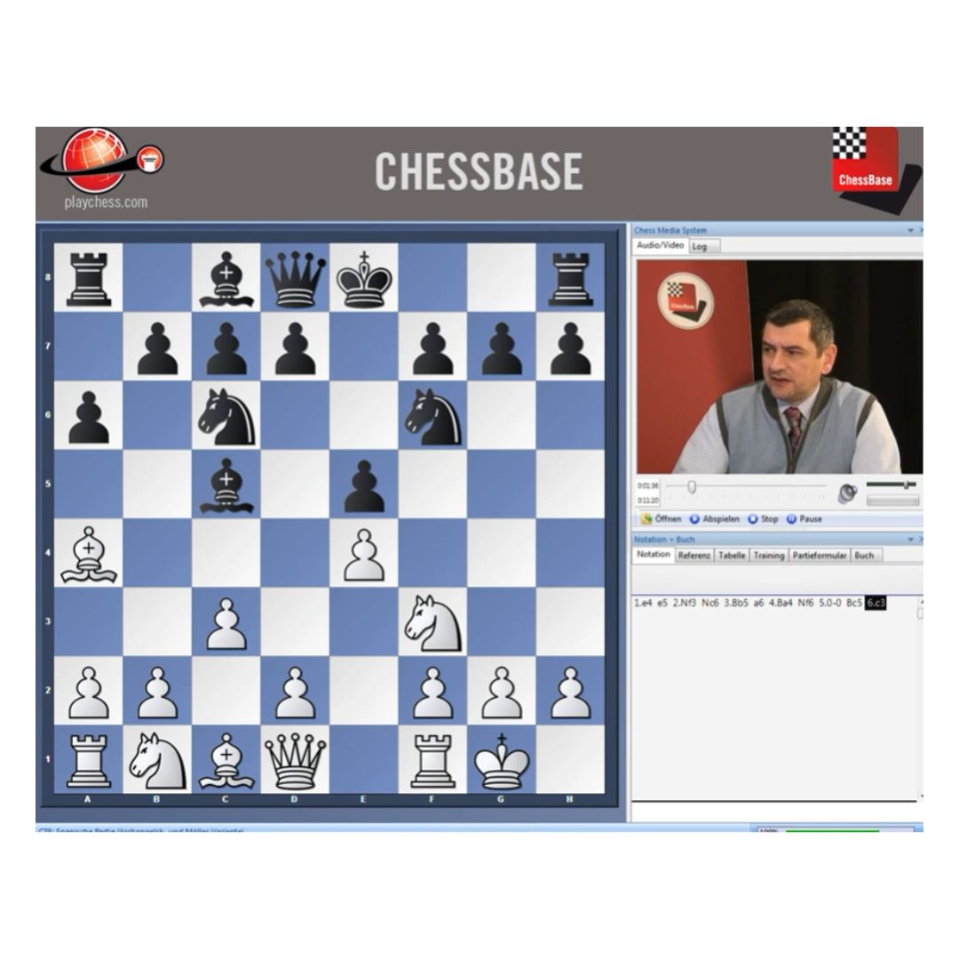 Schackbräde med vita och blå rutor som visar en variant av ruy lopez i programmet chessbase med viktor bologan som analyserar