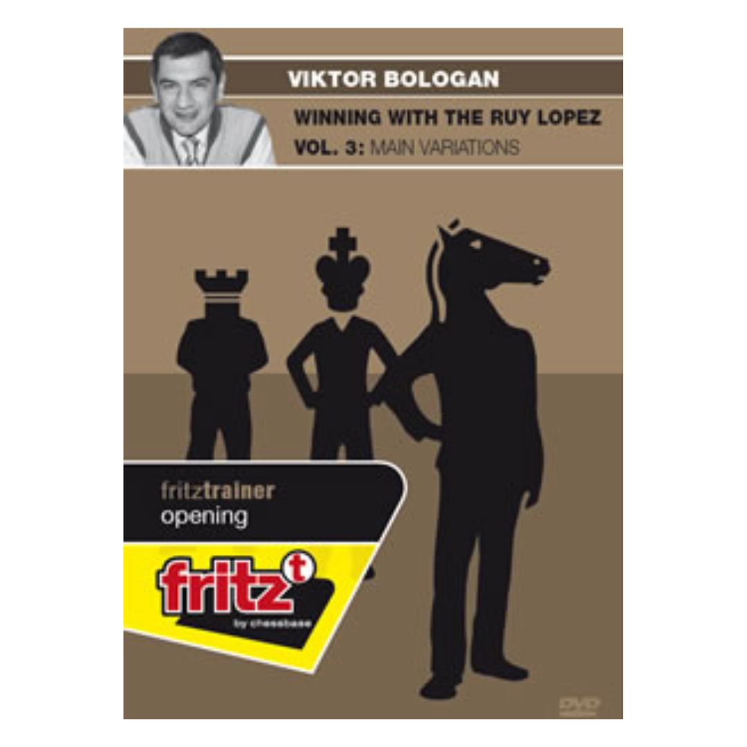 Brun omslag med människor som har schackpjäser som huvuden på DVD med Winning with the Ruy Lopez vol 3 med huvudvarianter i spansk öppning i schack