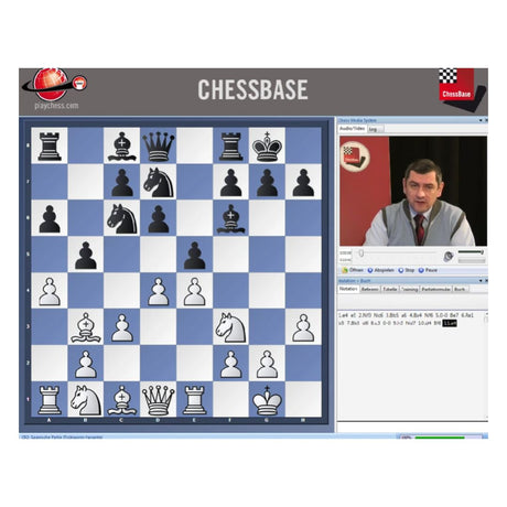 I schackprogrammet Chessbase analyserar stormästaren Viktor Bologan huvudvarianterna i spansk öppning på ett schackbräde med vita och blå rutor.