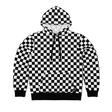Svart och vit schackrutig hoodie med känguruficka och svarta snören.