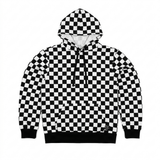 Svart och vit schackrutig hoodie med känguruficka och svarta snören.