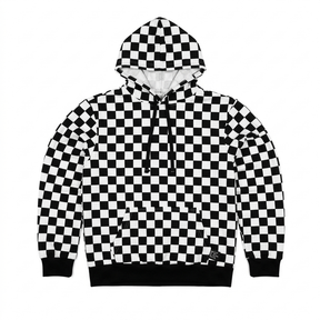 Svart och vit schackrutig hoodie med känguruficka och svarta snören.