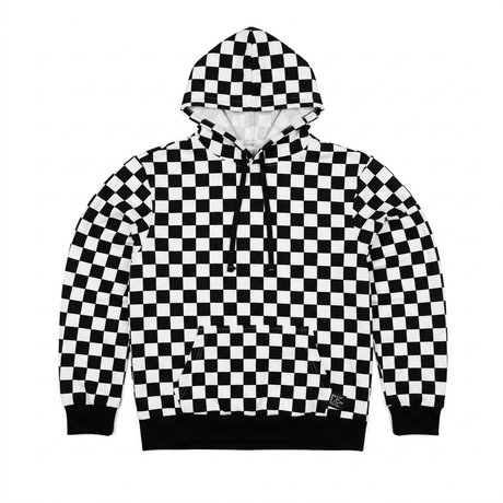 Svart och vit schackrutig hoodie med känguruficka och svarta snören.