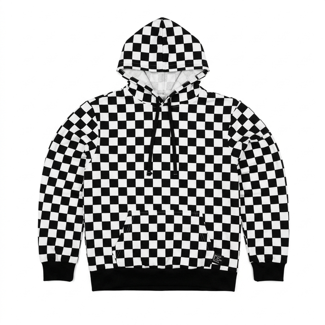 Svart och vit schackrutig hoodie med känguruficka och svarta snören.