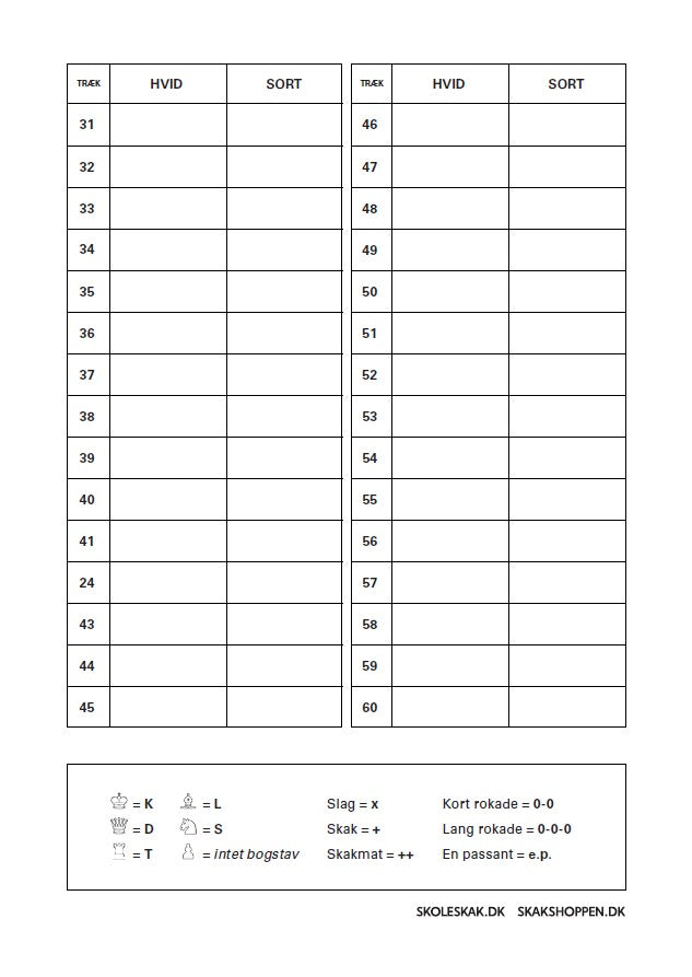 bagsiden af en noteringsblok fra dansk skoleskak og skakshoppen.dk med plads til 30 træk for begge skakspillere samt en forklaring på de forskellige symboler i skak