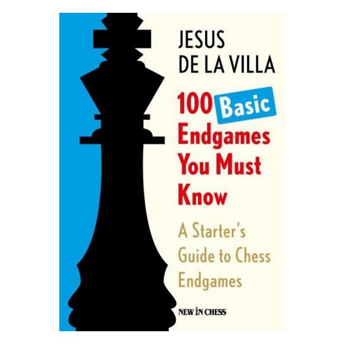 Omslag till boken 100 Basic Endgames You Must Know av Jesus de la Villa. Designen är delad i blått och vitt med en stor silhuett av en svart schackkung på vänster sida och röd och blå text till höger.
