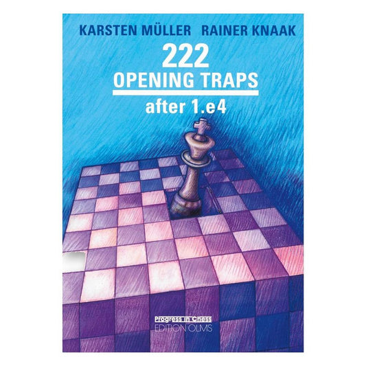 Bokomslag till "222 Opening Traps after 1.d4", som visar en svart kung som faller ner i en schackrutig fallucka.