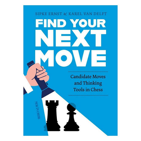 Omslaget till schackboken 'Find Your Next Move' av Sipke Ernst och Karel van Delft. Motivet är svart med en vit grafik av en hjärna som är sammankopplad som ett nätverk av noder. Titeln står med stora, vita bokstäver överst, och New In Chess-logotypen syns längst ner.