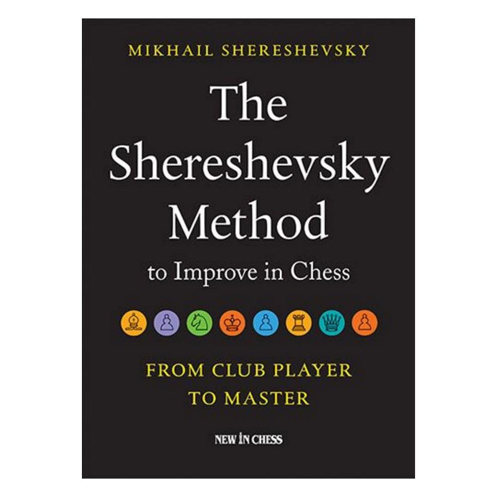 Bokomslaget till "The Shereshevsky Method to Improve in Chess" visar en mörk, stilren design med författarens namn överst och en röd/vit grafik av schackpjäser eller abstrakta geometriska former som symboliserar strategi.