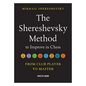 Bokomslaget till "The Shereshevsky Method to Improve in Chess" visar en mörk, stilren design med författarens namn överst och en röd/vit grafik av schackpjäser eller abstrakta geometriska former som symboliserar strategi.