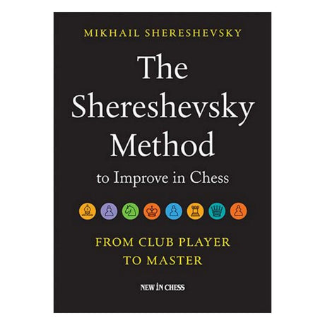 Bokomslaget till "The Shereshevsky Method to Improve in Chess" visar en mörk, stilren design med författarens namn överst och en röd/vit grafik av schackpjäser eller abstrakta geometriska former som symboliserar strategi.