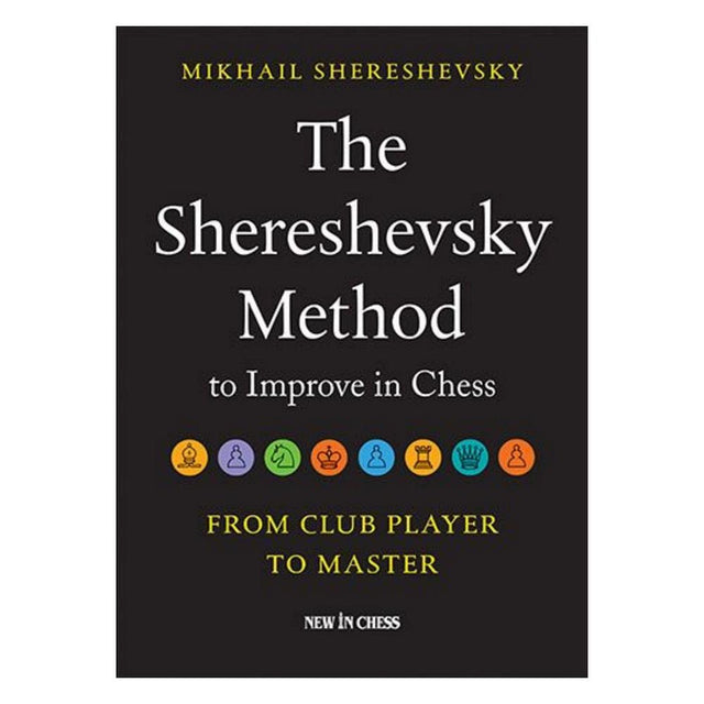 Bokomslaget till "The Shereshevsky Method to Improve in Chess" visar en mörk, stilren design med författarens namn överst och en röd/vit grafik av schackpjäser eller abstrakta geometriska former som symboliserar strategi.