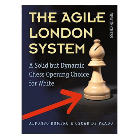 Bokomslaget till "The Agile London System" visar en stiliserad vit löpare mot en dynamisk bakgrund i blå och vita toner som signalerar flexibilitet och modern schackteori.