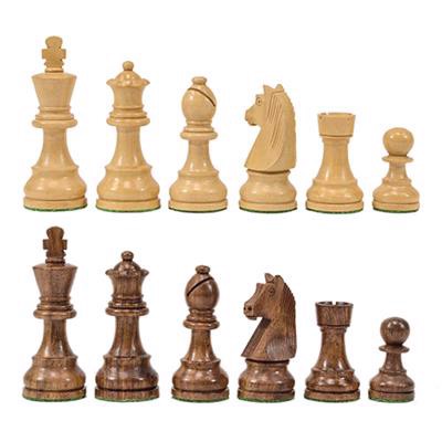 Bruna/ljus lyxiga Staunton schackpjäser i trä m. klassisk springare (98 mm.) från Indien