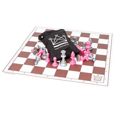 skaksæt/ skakspil i plast med pink og sølv brikker